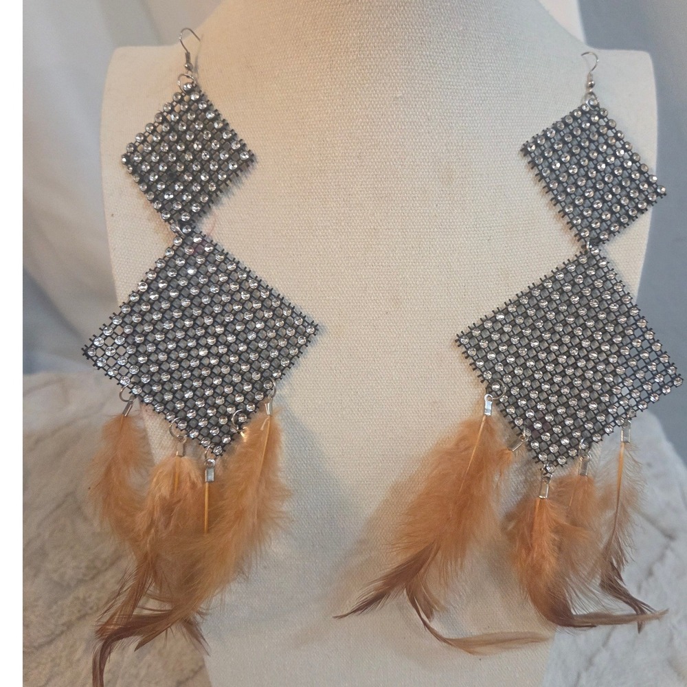 Gunmetal Rhinestone Mesh Double Diamond Feather Drop Statement Earrings Boho